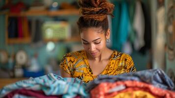 AI generated A content woman, folding laundry with precision, creating neat stacks of clothing photo