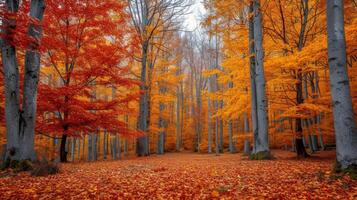 AI generated A colorful autumn forest with leaves in shades of red, orange, and yellow. photo