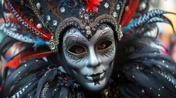 ai generado un enmascarado juerguista adornado con plumas, Brillantina, y rosario, radiante emoción durante el carnaval. foto