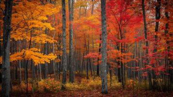 AI generated A colorful autumn forest with leaves in shades of red, orange, and yellow. photo