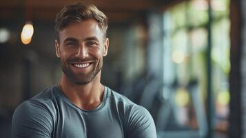 AI generated A fitness enthusiast's smile motivates clients to embrace a healthy lifestyle photo