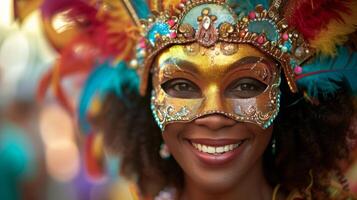 ai generado un enmascarado juerguista adornado con plumas, Brillantina, y rosario, radiante emoción durante el carnaval. foto