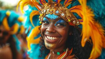 ai generado un enmascarado juerguista adornado con plumas, Brillantina, y rosario, radiante emoción durante el carnaval. foto