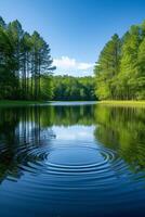 AI generated Soft ripples on a peaceful lake, reflecting a tranquil forest under a clear blue sky photo