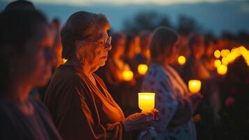 ai generado un grupo de personas asistiendo un amanecer Pascua de Resurrección servicio, participación velas en el temprano Mañana ligero. foto