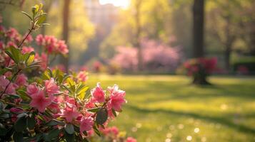 ai generado un cierne primavera en un urbano parque con borroso contornos de floración arboles y rododendros foto