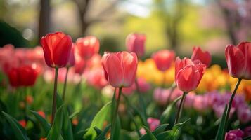 ai generado un ligeramente borroso antecedentes de un primavera parque con floreciente arboles y vibrante tulipanes foto