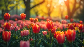 AI generated A slightly blurred background of a spring park with blooming trees and vibrant tulips photo