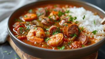AI generated A rich and hearty gumbo, a Southern specialty, brimming with seafood, sausage, and okra, served over rice photo