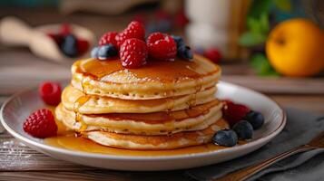AI generated Fluffy pancakes stacked high, drizzled with maple syrup, a hearty American breakfast favorite photo