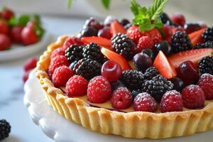 AI generated A vibrant fruit tart showcasing a medley of fresh berries atop a buttery, flaky pastry shell. photo