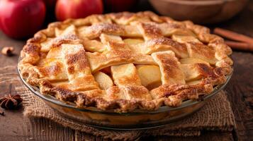 AI generated A homemade apple pie, golden-brown crust, filled with cinnamon-spiced apples, a symbol of American comfort. photo