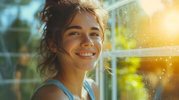 AI generated Smiling lady, wiping windows, sunshine enhancing her cheerful demeanor photo