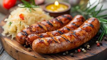 AI generated Grilled sausages served with tangy sauerkraut, a staple of German cuisine. photo