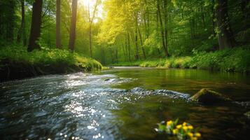 AI generated A tranquil river winding through a blossoming forest, with dappled sunlight filtering through new leaves. photo