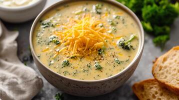 ai generado un cuenco de cremoso brócoli queso Cheddar sopa, coronado con un generoso espolvorear de triturado queso foto