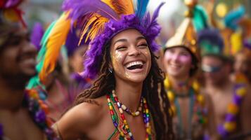 ai generado un grupo de amigos en vibrante disfraces, bailando alegremente en el medio de mardi gras festividades foto