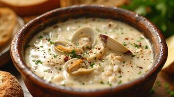 AI generated Creamy New England clam chowder, brimming with clams, potatoes, and savory flavors, a coastal delight photo
