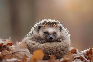 AI generated Small, chubby hedgehog curled into a prickly ball, taking a cozy nap. photo