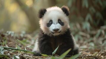 ai generado gracioso linda pequeño panda se sienta en el suelo y come bambú. foto