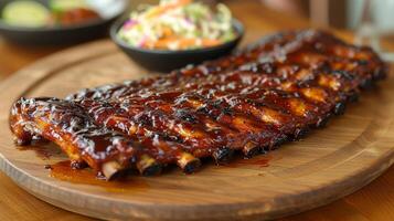 AI generated Succulent barbecue ribs, slathered in smoky sauce, fall-off-the-bone tender, served with coleslaw photo