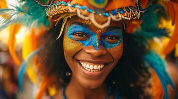 ai generado un enmascarado juerguista adornado con plumas, Brillantina, y rosario, radiante emoción durante el carnaval. foto