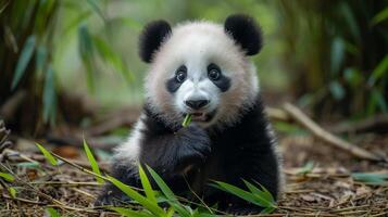 AI generated Funny cute little panda sits on the ground and eats bamboo. photo