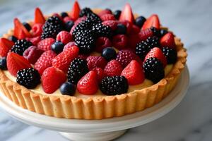 AI generated A vibrant fruit tart showcasing a medley of fresh berries atop a buttery, flaky pastry shell. photo