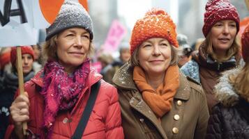 ai generado mujer de todas siglos de marcha juntos, participación empoderamiento señales, y defendiendo género igualdad foto