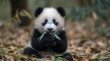 ai generado gracioso linda pequeño panda se sienta en el suelo y come bambú. foto