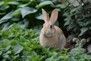 AI generated Contented bunny nibbling on a bed of fresh greens, with a twitching pink nose. photo