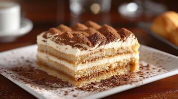 AI generated An irresistible dessert of layered mascarpone cheese, coffee-soaked ladyfingers, and cocoa dusting. photo