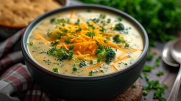 ai generado un cuenco de cremoso brócoli queso Cheddar sopa, coronado con un generoso espolvorear de triturado queso foto