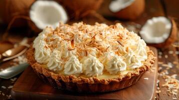 AI generated A creamy coconut cream pie adorned with whipped cream and toasted coconut flakes. photo