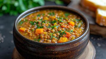 ai generado un cuenco de vegetariano lenteja sopa, abundante y sano, con un insinuación de terroso especias foto