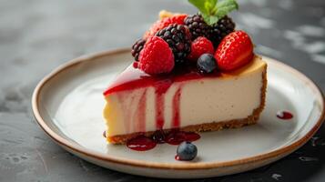 AI generated A luscious slice of strawberry cheesecake topped with fresh berries and a drizzle of sauce. photo
