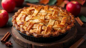 AI generated A classic apple pie with a golden, flaky crust and a hint of cinnamon aroma. large copyspace area, offcenter composition. photo