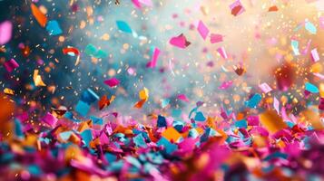 AI generated A vibrant confetti shower, capturing the joyous chaos of a birthday bash. large copyspace area, offcenter composition. photo