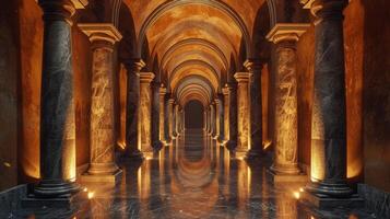 ai generado un laberinto de arcos y columnas, recordativo de antiguo romano arquitectura, conjunto en dramático Encendiendo. foto