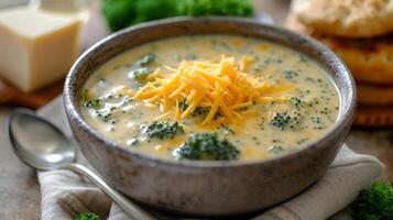 ai generado un cuenco de cremoso brócoli queso Cheddar sopa, coronado con un generoso espolvorear de triturado queso foto