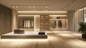 AI generated A minimalistic fashion showroom with spotlights highlighting elegant garments and accessories. photo