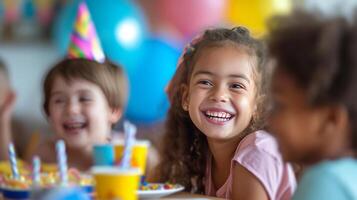 ai generado un alegre escena de niños jugando juegos y riendo juntos a un cumpleaños celebracion. foto