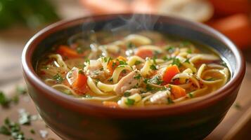 AI generated A steaming bowl of chicken noodle soup, brimming with tender chicken, veggies, and comforting broth. photo