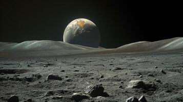 ai generado un lunar paisaje, con el de la luna estéril superficie y distante salida de la tierra. foto