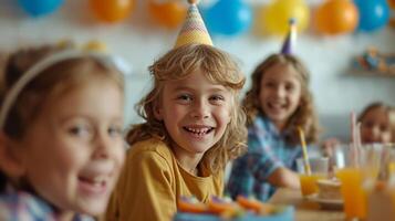 ai generado un alegre escena de niños jugando juegos y riendo juntos a un cumpleaños celebracion. foto