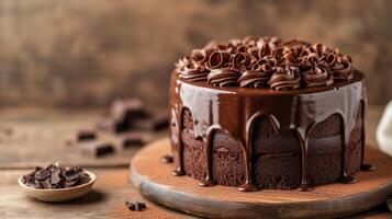 AI generated A decadent chocolate fudge cake oozing with ganache and garnished with chocolate curls. photo
