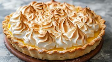 ai generado un limón merengue tarta con un picante, picante relleno coronado por esponjoso, tostado merengue picos foto