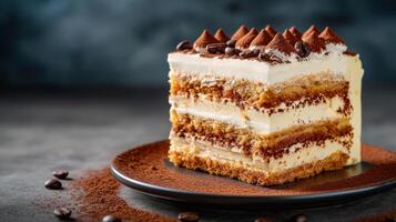 AI generated A rich, indulgent tiramisu cake layered with espresso-soaked ladyfingers and mascarpone. photo