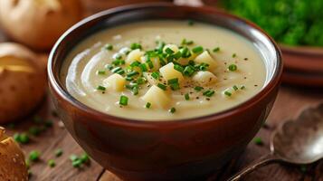 AI generated A bowl of creamy potato leek soup, silky in texture and garnished with fresh chives. photo