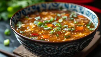 AI generated A bowl of hot and sour soup, an Asian delight, with a perfect balance of spicy and tangy flavors photo